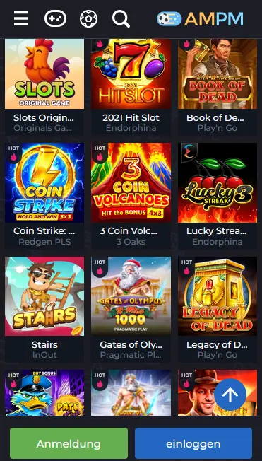 Startbildschirm der Ampm Casino App auf dem Smartphone