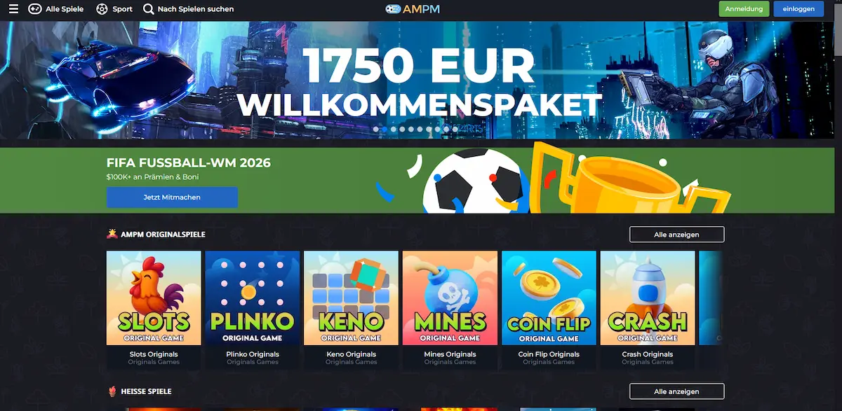 Startseite und Spiellobby von Ampm Casino