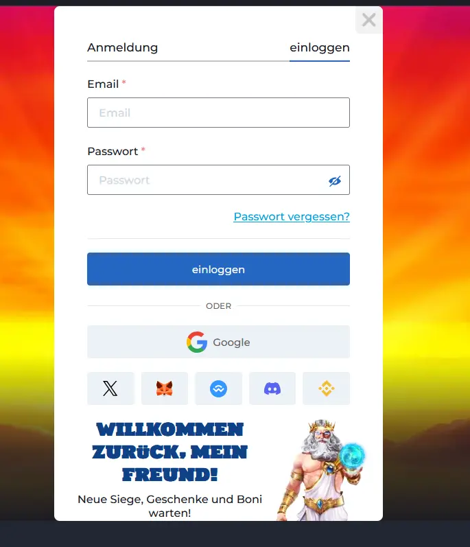 Anmeldemaske von Ampm Casino mit E-Mail- und Passwortfeld