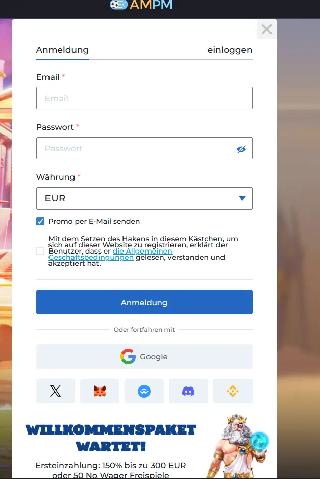 Registrierungsformular von Ampm Casino für ein neues Spielerkonto
